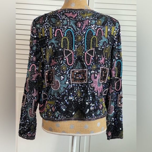 Amazing Vintage 80’s Sténay Multicolored Geometric Beaded Evening coat jacket M - Picture 6 of 16